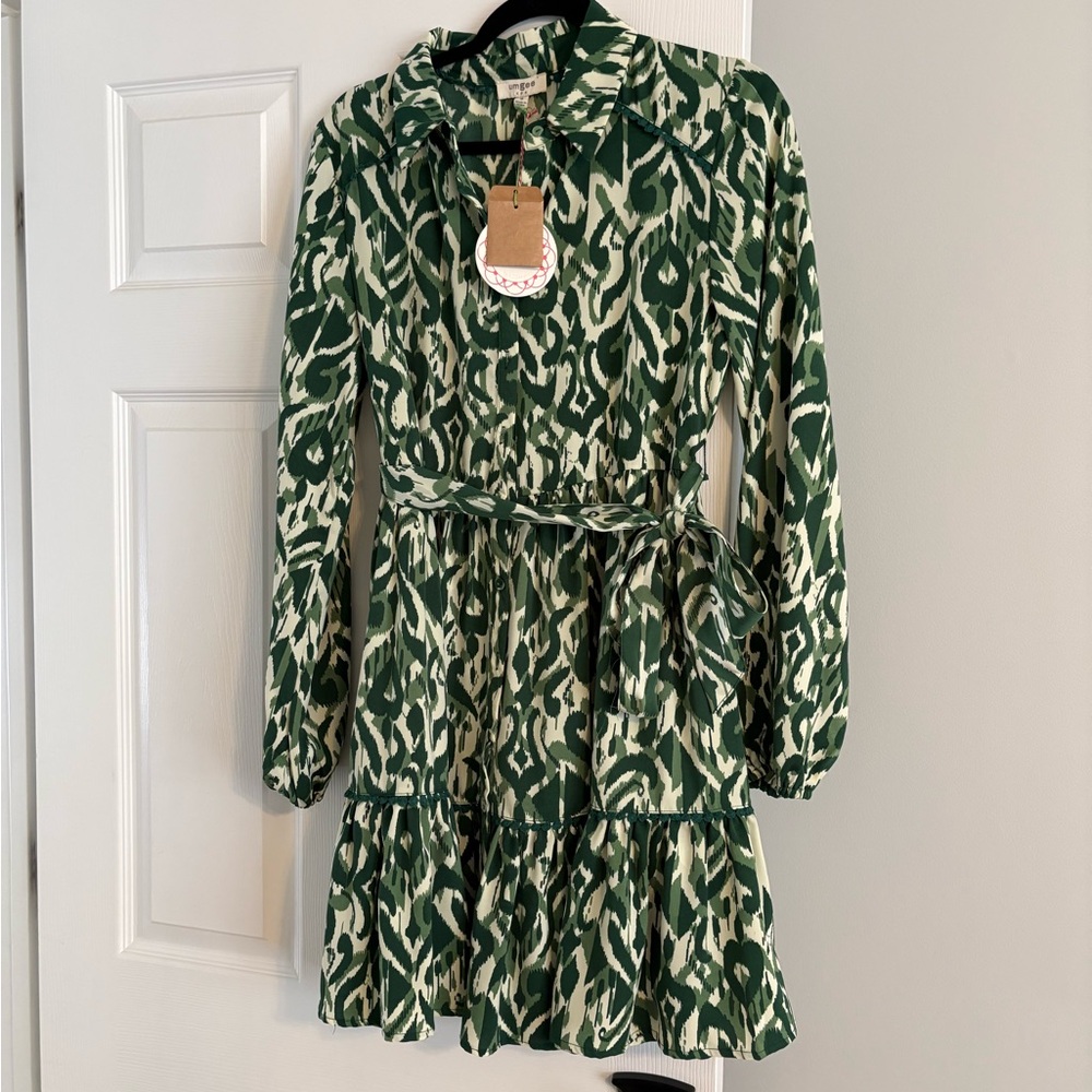 Umgee Green and White Long Sleeve Dress